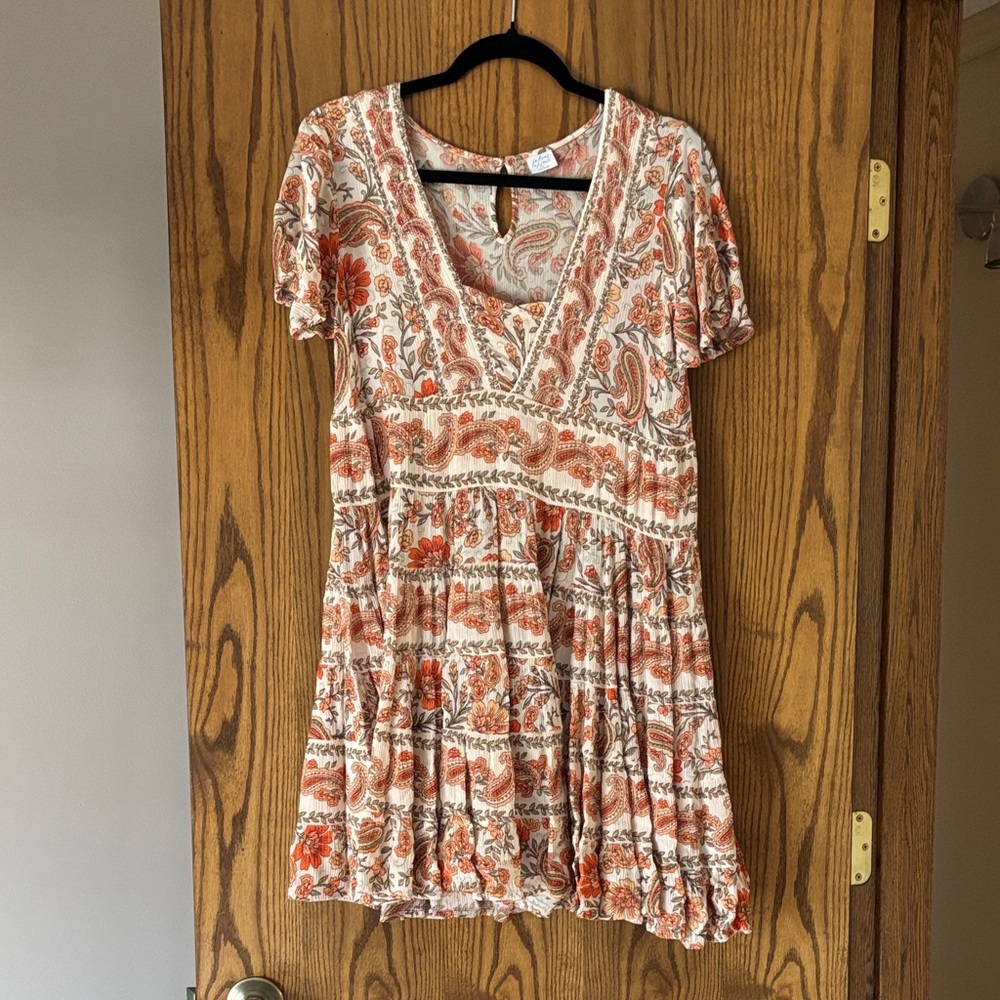 Floral Paisley Short Sleeve Boho Dress - Cream & Orange
